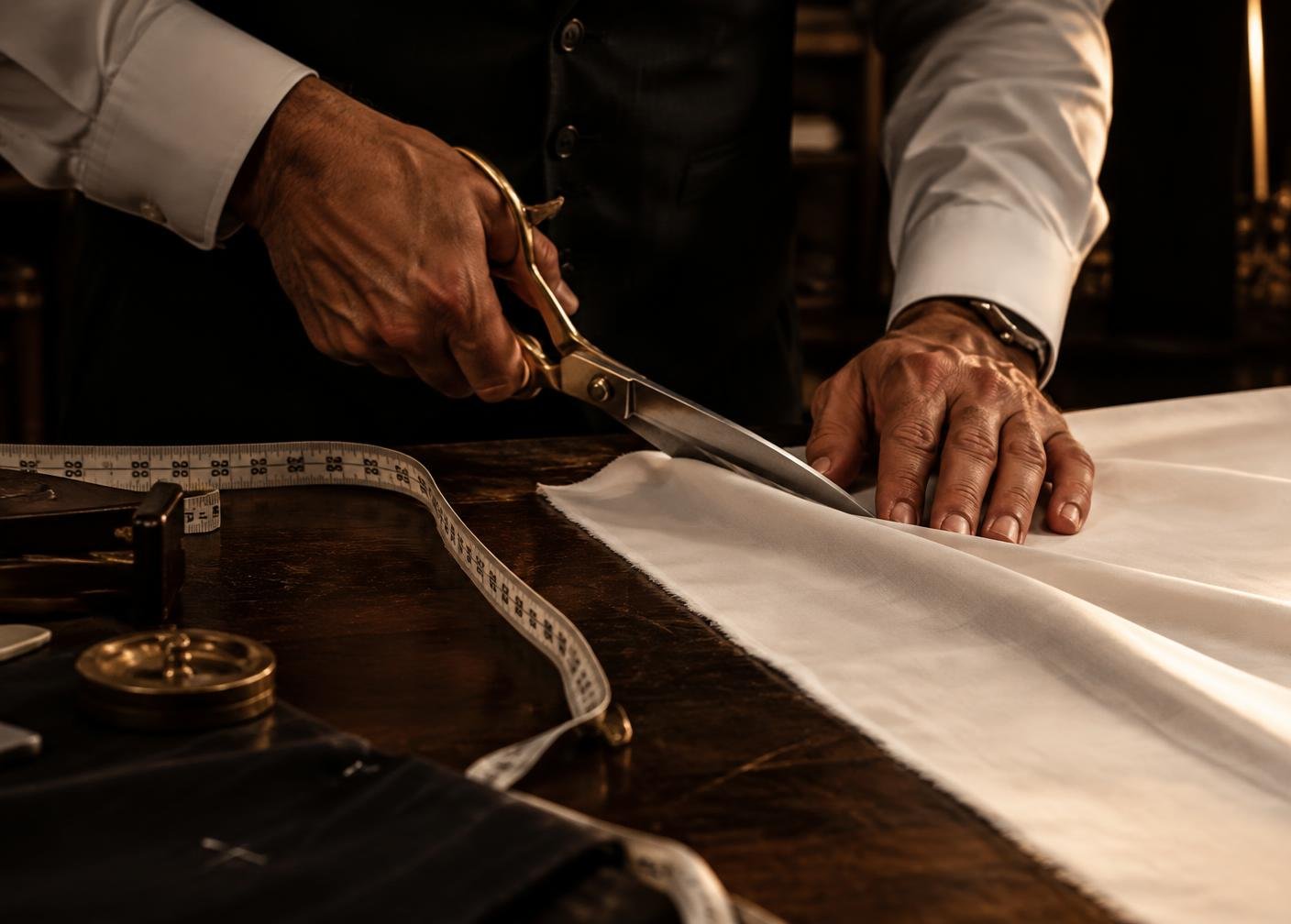 Master tailor cutting fabric